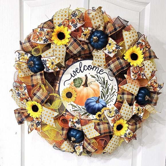 🌻 Welcome Pumpkin & Sunflower Wreath 🎃💙 - Picture 1 of 6